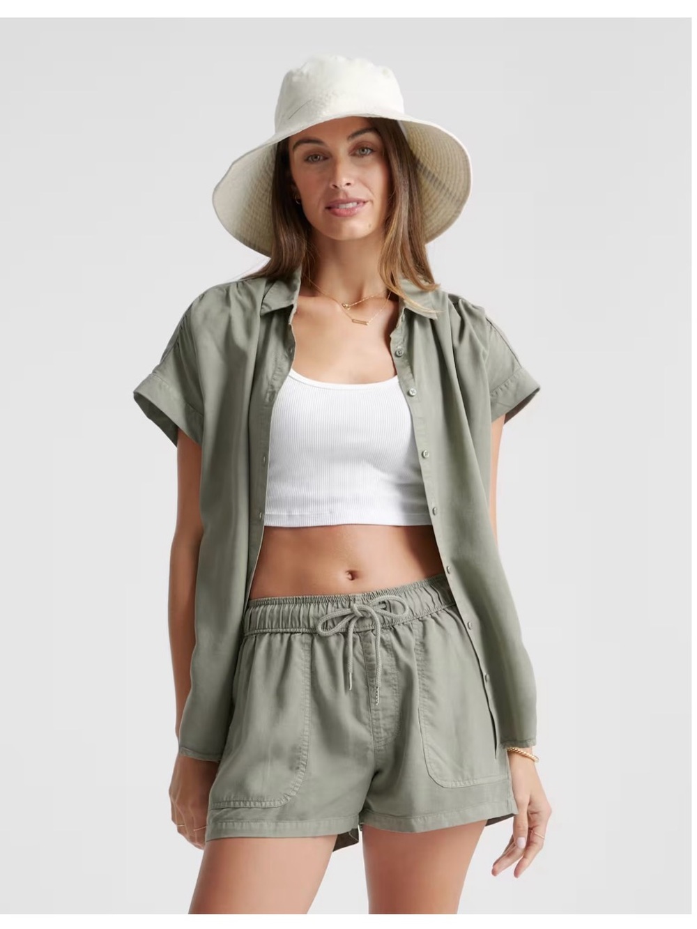 Quince XS Camp cap sleeve Olive green Button-Down casual minimalist tencel Shirt